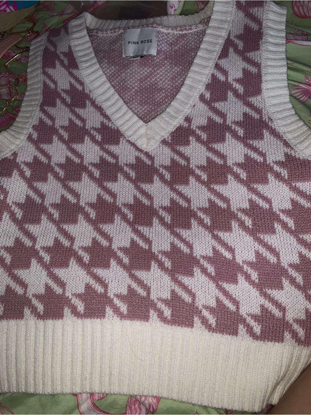 Pink Rose Pink & Cream Houndstoothu V-Neck Sweater Vest